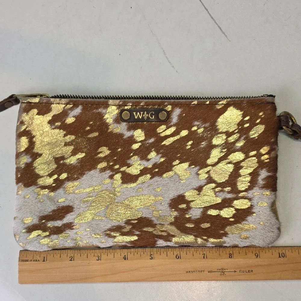 Wild Goose WG Gold and Brown Leather‎ Cowhide Hair Wristlet Clutch